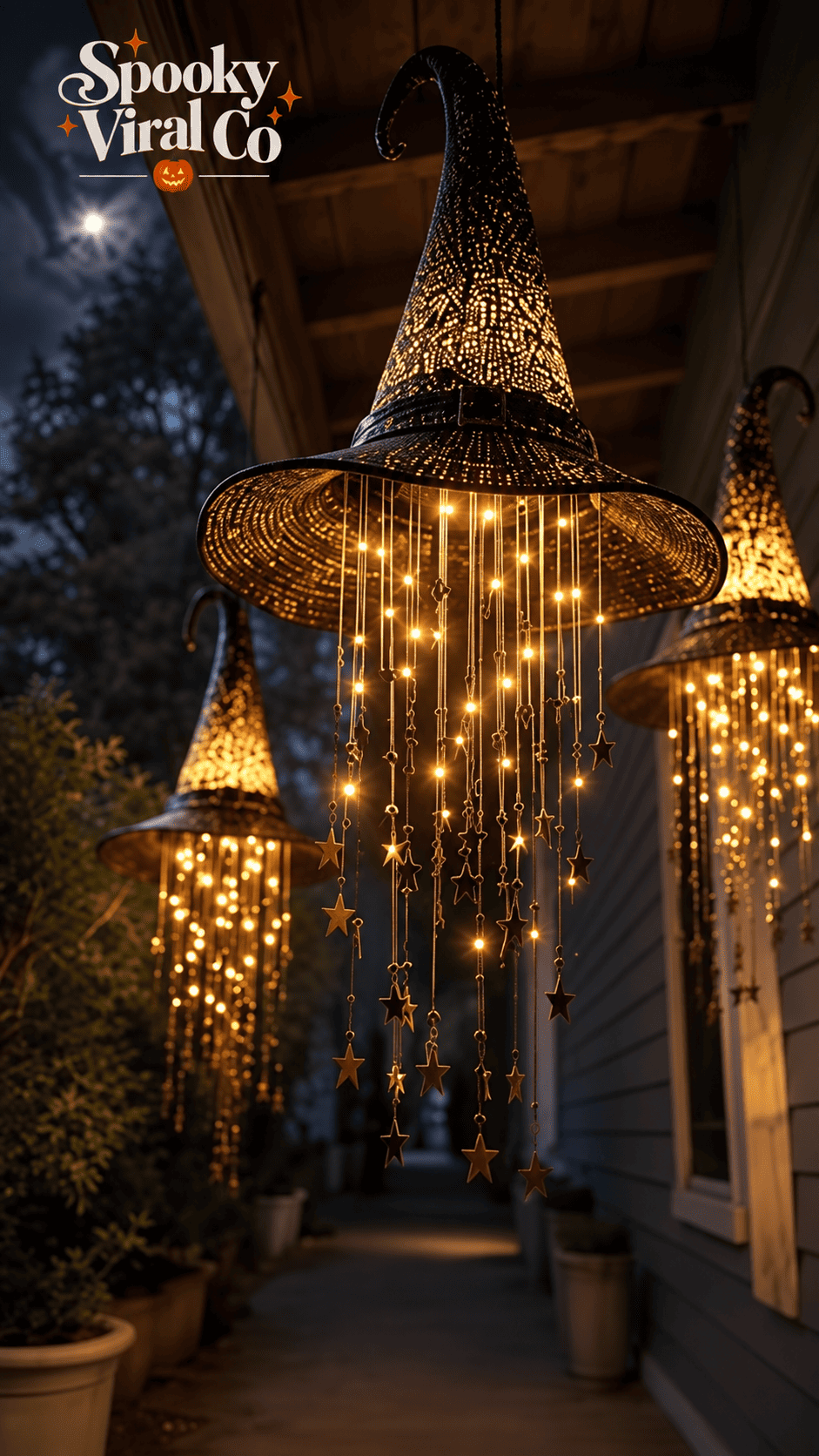 Glowing witch hats. Cascading stars | Spooky Viral Co