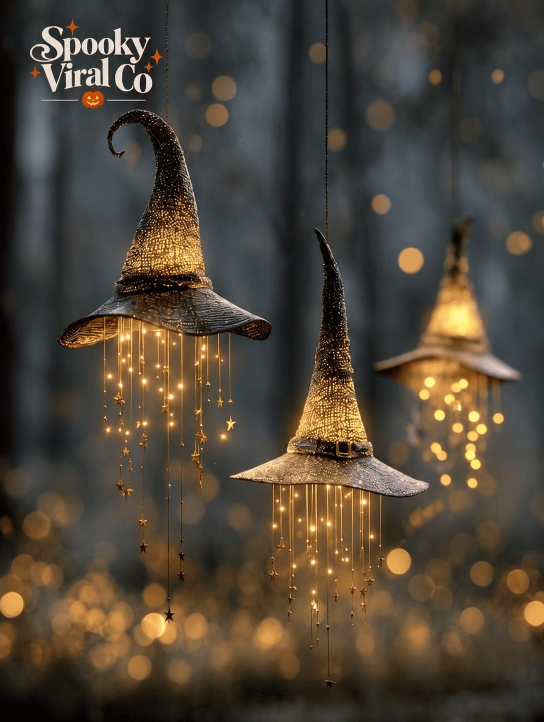 Glowing witch hats. Cascading stars | Spooky Viral Co
